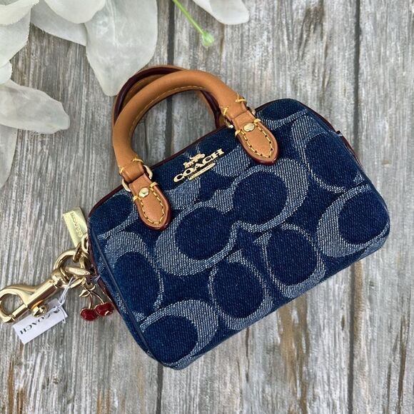 Coach Mini Rowan Bag Charm In Signature Denim With Cherry Charm Purse - Picture 1 of 10